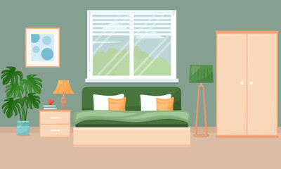 Cozy modern bedroom interior with furniture and windows. Vector illustration