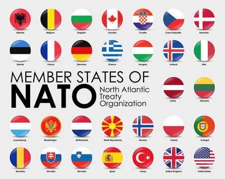 Vector illustration of round shape flags of the 30 Member states of NATO on gray background
