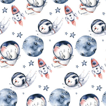 Astronaut seamless pattern. Universe kids Baby boy girl elephant, fox cat and bunny, space suit, cosmonaut stars, planet, moon, rocket and shuttle watercolor space ship background