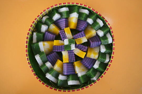 Various Nyonya Kuih Decorated Display On The Basket