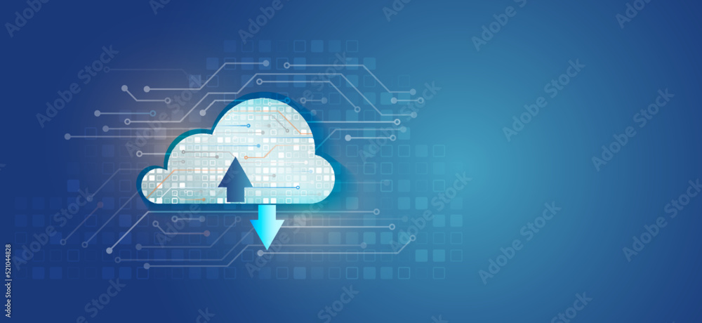 Poster Abstract datacenter, network system. Web hosting vector banner. Cloud computing, media server. Futuristic Hosting server.
