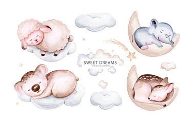 Watercolor elephant hand drawn illustration of a cute baby sheep, lamb, sleeping rabbit and bunny, koala and deer fawn on the moon and the cloud. Baby Shower nursery Theme Invitation