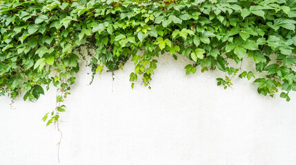 green ivy on the white wall beside the road. - obrazy, fototapety, plakaty