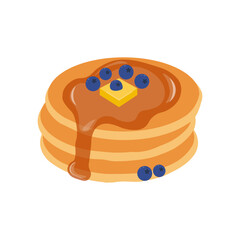 Pancakes with syrup, piece of butter and blueberries isolated on white. Vector illustration