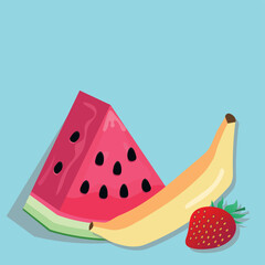 Delicious ripe and juicy watermelon strawberry and banana on blue background poster