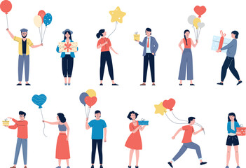 Birthday celebration happy characters. Friends hold gift and balloons, anniversary celebrating. Family party or festival, people and confetti recent vector set