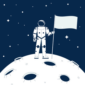 Astronaut standing on moon and holding flag. Space mission, retro cosmonaut background. Flat planet, universe adventure or explore, recent vector scene