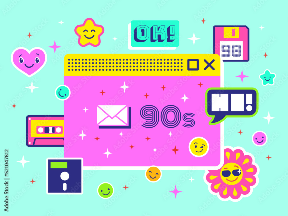 Poster flat 90s background. retro internet computer window with smile stickers. 1980 digital nostalgia post