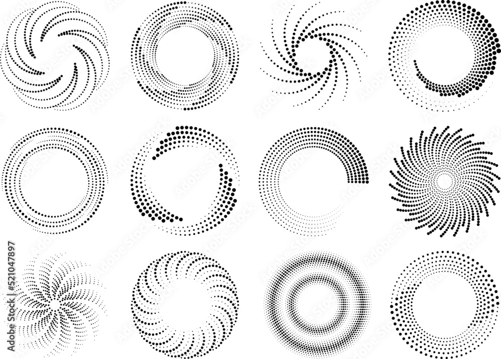 Poster circle dotted speed lines halftone effect. round movement spirals, abstract swirl frames design. cir