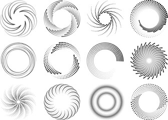 Circle dotted speed lines halftone effect. Round movement spirals, abstract swirl frames design. Circular dot logos, isolated technical graphic racy vector elements