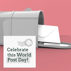 Composition of world post day text over mailbox with envelope