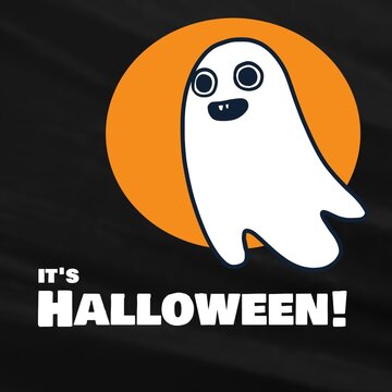 Vector image of ghost with it's halloween text on black background, copy space
