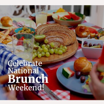 Composition of national brunch weekend text over table with food and caucasian family having dinner