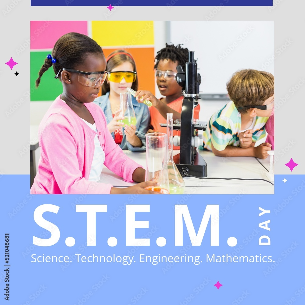 Poster square image of stem day text and diverse schoolchildren in science class