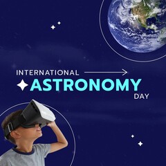 International astronomy day text with globe and african american boy using virtual reality goggles