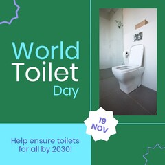 Square image of world toilet day text on green and open toilet in bathroom