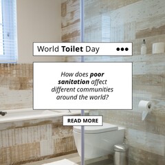 Square image of world toilet day and sanitation text over toilet in brown tiled bathroom