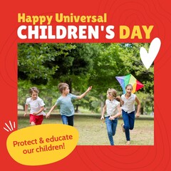 Square image of children's day text and happy caucasian girls and boys playing with kite