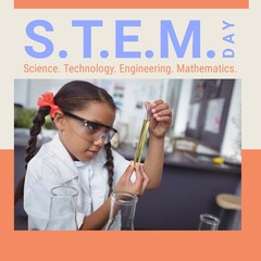 Square image of stem day text with biracial schoolgirl in chemistry class