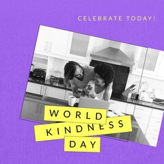 Composition of world kindness day text over diverse couple in kitchen