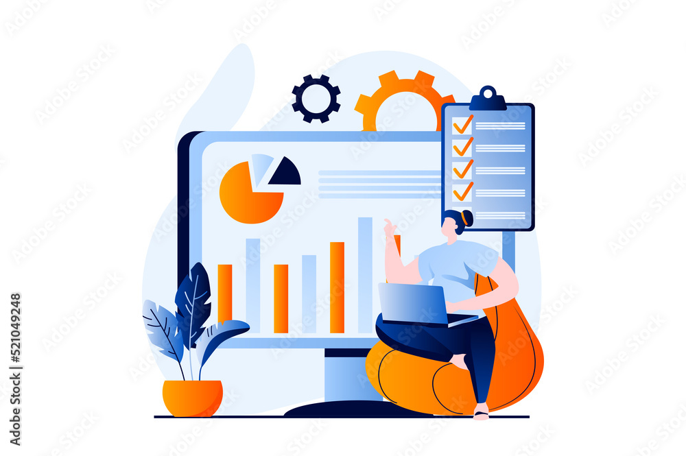 Aufkleber Data analysis concept with people scene in flat cartoon design. Woman analyzes statistics on dashboard with charts and graphs, monitoring and accounting. Illustration visual story for web