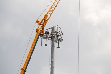 Telecom tower install communication equipment for sent signal to the city, satellite dish telecom network in the city