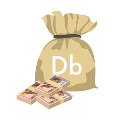 Dobra Vector Illustration. São Tomé and Príncipe money set bundle banknotes. Money bag 50000 Db. Flat style. Isolated on white background. Simple minimal design.