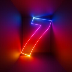 3d rendering, red blue neon number seven, digital symbol inside square box glowing in infrared light