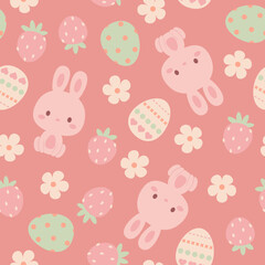 Kawaii bunny, Easter eggs, strawberries, and flowers seamless pattern. Easter pattern design. Vector art.