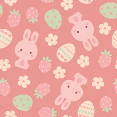 Fotobehang Kawaii bunny, Easter eggs, strawberries, and flowers seamless pattern. Easter pattern design. Vector art. © Nataliya Dolotko