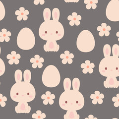 Kawaii bunny, Easter eggs, and flowers seamless pattern. Easter pattern design. Vector art.