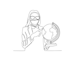 Continuous line drawing of Young Woman Holding Earth Globe. Single one line drawing of woman hold globe.