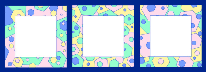 Set of Greeting card templates. Colorful traditional cartoon design, geometric figures. Vintage graphic vector design. Birthday card, banner, invitation. Yellow, pink, blue, green and yellow hexagons