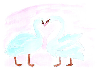 Watercolor, pair of swans, love and wedding, birds. art decoration, sketch. Illustration hand drawn modern