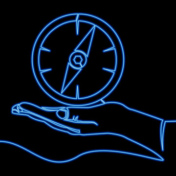 Continuous Line Drawing Giving Hand With Compass Icon Neon Concept