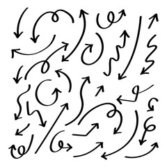 Conjunto de iconos de flechas negra onduladas dibujadas a mano de diferentes formas y direcciones. Indicadores