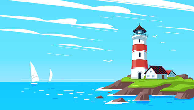 Lighthouse on rock island in sea. Horizontal Seascape with sailboats and marine navigation tower with on coast vector