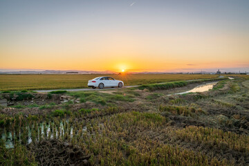 Fototapeta na wymiar Car at sunset between the rice fields of the Albufera de Valencia natural park.