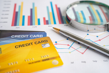 Credit card on graph. Finance development, Banking Account, Statistics, Investment Analytic research data economy, Stock exchange trading, Business company concept.