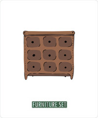 Vector. A set of interior elements in fashionable beige and brown tones. Basil in a pot, a sofa with a pillow, a coffee table with a flower, a carpet, towels and blankets, a chest of drawers.