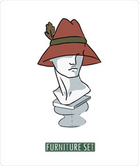 Vector. A set of interior elements in fashionable beige and brown tones. Basil in a pot, a sofa with a pillow, a coffee table with a flower, a carpet, towels and blankets, a chest of drawers.