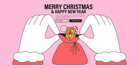 Christmas banner with Santa Claus hands packing presents. Seasonal sale or online delivery gifts concept for website, landing page or social media greeting campaign. Secret santa poster, card.