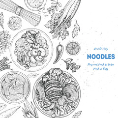 Asian food engraved sketch. Noodle dishes top view. Food menu design with cooked noodles . Vintage hand drawn sketch vector illustration. Asian cuisine menu background.