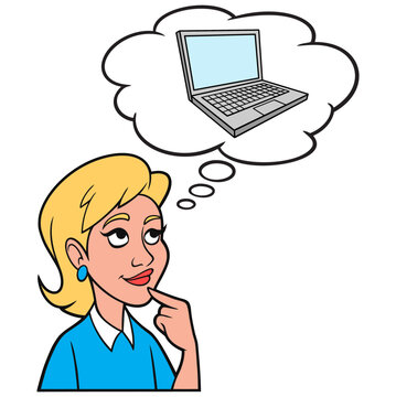 Girl thinking about a Laptop Computer - A cartoon illustration of a Girl thinking about a Laptop computer.