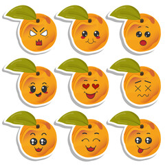 Set of stickers orange apricot with kawaii emotions. Flat vector illustration of an apricot with emotions On a white background.