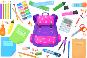 Schoolbag supplies. Innovative school stationery kids learning, itemized object tiny accessories cartoon satchel paint stationary calculator paper pencil, neat vector illustration