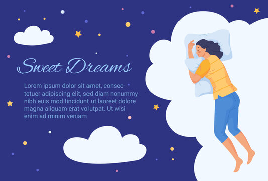 Sweet dreams layout. Comfortably peaceful healthy sleep on mattress bed, relaxed adult happy woman sleeping and floating in dream night stars, banner template vector illustration