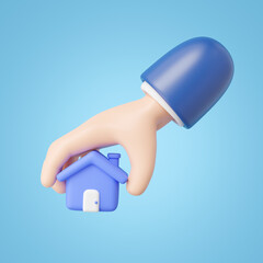 3D Hand pick up home icon. Hand holding house isolated on blue background. Investment, real estate, mortgage, offer purchase, buy house, loan employee concept. Mockup Cartoon minimal icon. 3d render.