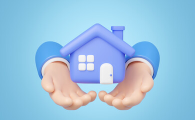 3D Toy House in hand floating isolated on blue background. Hand holding home icon. Investment, real estate, mortgage, offer of purchase house, loan concept. Mockup Cartoon minimal icon. 3d rendering.