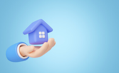 Fototapeta na wymiar 3D Toy House in hand floating isolated on blue copy space background. Hand holding home icon. Investment, real estate, mortgage, offer purchase, loan concept. Mockup Cartoon minimal icon. 3d rendering
